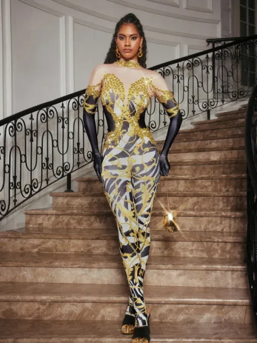 Jumpsuits & Romper*Jiu Bajia O/S Choncey Rhinestone Printed Jumpsuit