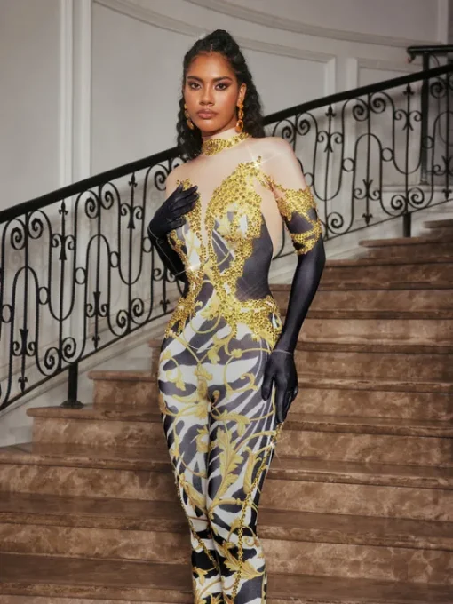 Jumpsuits & Romper*Jiu Bajia O/S Choncey Rhinestone Printed Jumpsuit