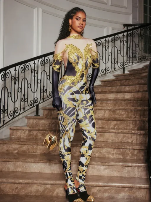 Jumpsuits & Romper*Jiu Bajia O/S Choncey Rhinestone Printed Jumpsuit