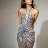 Dresses*Jiu Bajia O/S Christene High Neck Rhinestone Dress In Grey