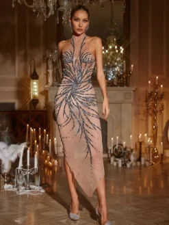 Dresses*Jiu Bajia O/S Christene High Neck Rhinestone Dress In Grey
