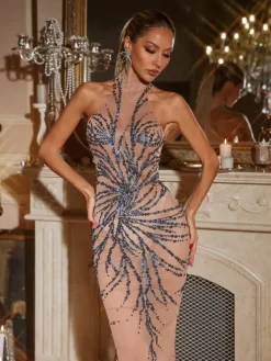 Dresses*Jiu Bajia O/S Christene High Neck Rhinestone Dress In Grey