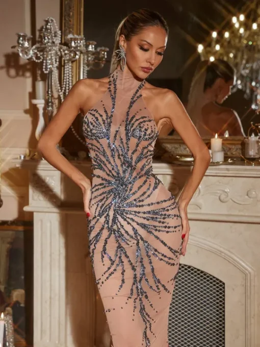 Dresses*Jiu Bajia O/S Christene High Neck Rhinestone Dress In Grey