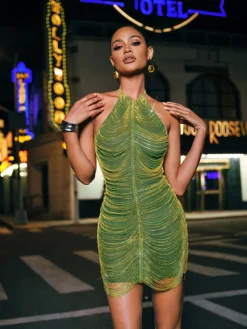 Embellishment | Dresses*Embellishment Cinzia Halterneck Diamond Chain Mesh Mini Dress In Green
