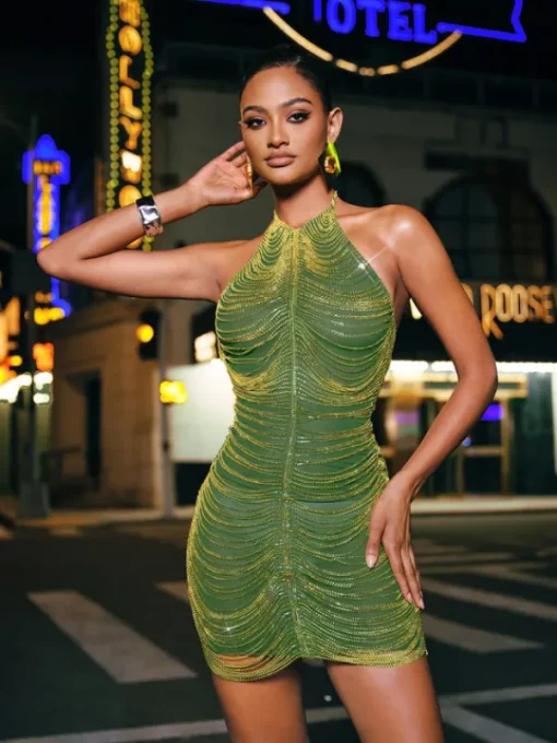 Embellishment | Dresses*Embellishment Cinzia Halterneck Diamond Chain Mesh Mini Dress In Green