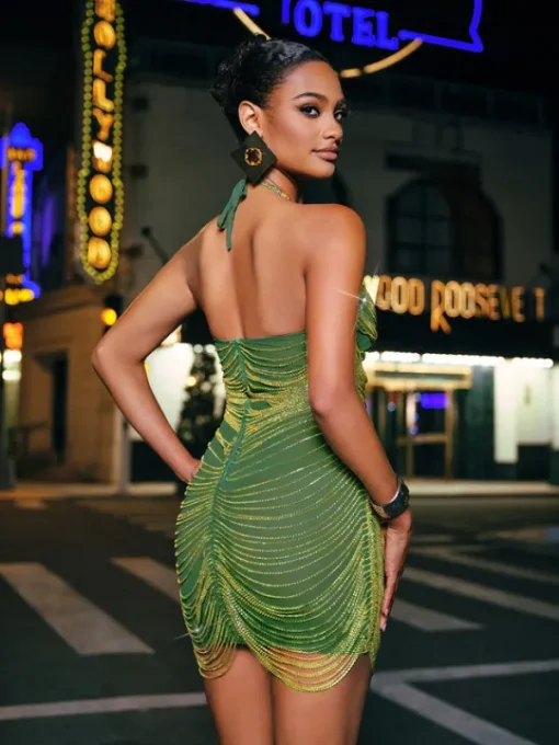 Embellishment | Dresses*Embellishment Cinzia Halterneck Diamond Chain Mesh Mini Dress In Green