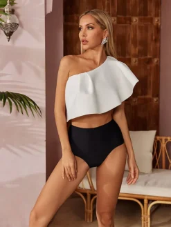 Bikini Sets*Mew Mews Fashion Citrine Ruffle Printed Bikini Three Piece Set