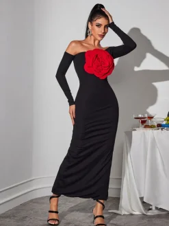 Dresses | Maxi Dresses*Mew Mews Fashion Claus Off Shoulder Red Flower Maxi Dress