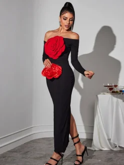 Dresses | Maxi Dresses*Mew Mews Fashion Claus Off Shoulder Red Flower Maxi Dress
