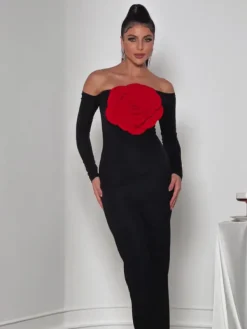Dresses | Maxi Dresses*Mew Mews Fashion Claus Off Shoulder Red Flower Maxi Dress