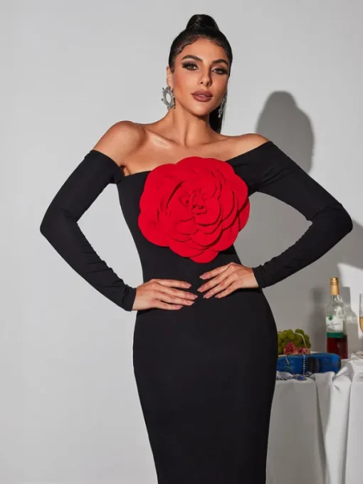 Dresses | Maxi Dresses*Mew Mews Fashion Claus Off Shoulder Red Flower Maxi Dress