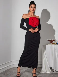 Dresses | Maxi Dresses*Mew Mews Fashion Claus Off Shoulder Red Flower Maxi Dress