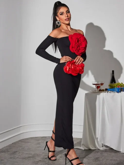 Dresses | Maxi Dresses*Mew Mews Fashion Claus Off Shoulder Red Flower Maxi Dress