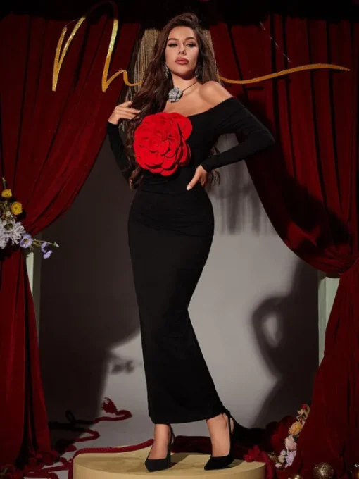 Dresses | Maxi Dresses*Mew Mews Fashion Claus Off Shoulder Red Flower Maxi Dress
