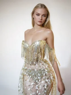 Dresses | Maxi Dresses*Jiu Bajia O/S Codruta Strapless Leafy Fringe Maxi Dress