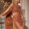 Sets & Co-ords | Embellishment*Embellishment Colette Crystal Chain Fringe Split Skirt Set In Orange