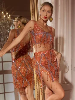 Sets & Co-ords | Embellishment*Embellishment Colette Crystal Chain Fringe Split Skirt Set In Orange