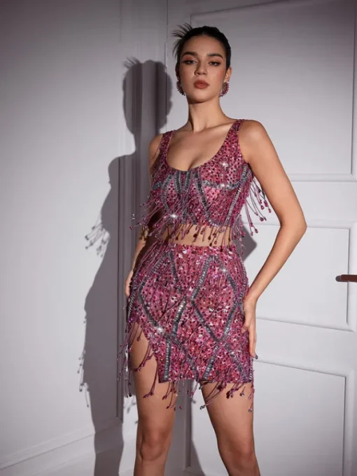 Sets & Co-ords | Embellishment*Embellishment Colette Crystal Chain Fringe Split Skirt Set In Pink