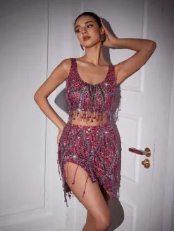 Sets & Co-ords | Embellishment*Embellishment Colette Crystal Chain Fringe Split Skirt Set In Pink