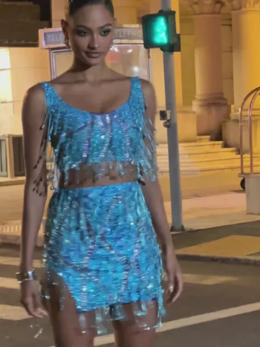 Sets & Co-ords | Embellishment*Embellishment Colette Crystal Chain Fringe Split Skirt Set In Blue