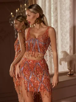 Sets & Co-ords | Embellishment*Embellishment Colette Crystal Chain Fringe Split Skirt Set In Orange