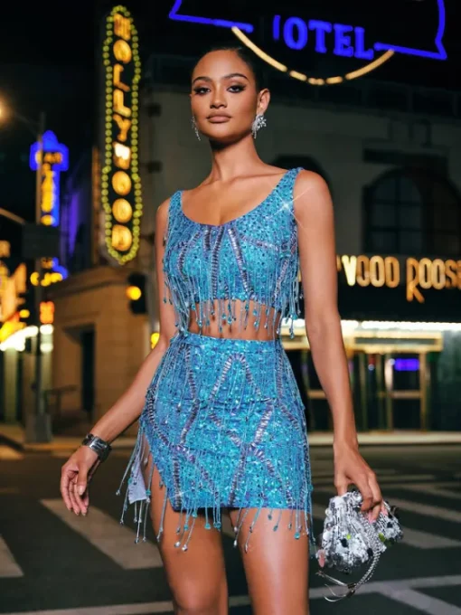 Sets & Co-ords | Embellishment*Embellishment Colette Crystal Chain Fringe Split Skirt Set In Blue