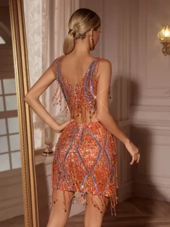 Sets & Co-ords | Embellishment*Embellishment Colette Crystal Chain Fringe Split Skirt Set In Orange