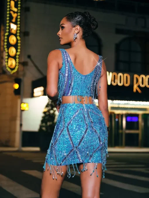Sets & Co-ords | Embellishment*Embellishment Colette Crystal Chain Fringe Split Skirt Set In Blue