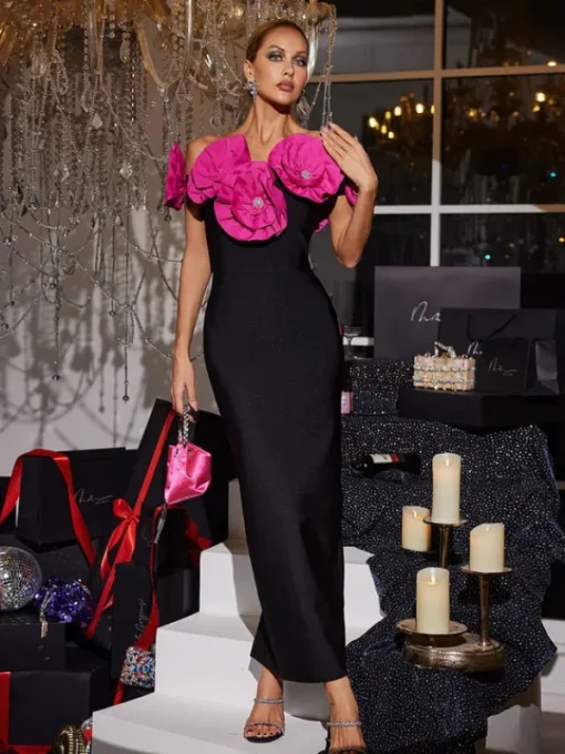 Dresses | Maxi Dresses*Bandage Creed Off Shoulder Flower Dress In Hot Pink