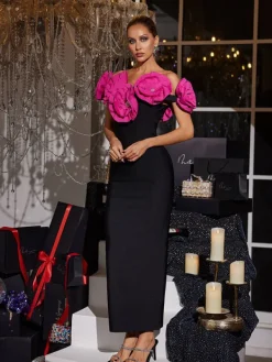 Dresses | Maxi Dresses*Bandage Creed Off Shoulder Flower Dress In Hot Pink