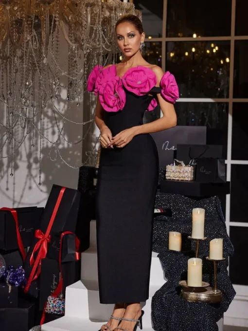 Dresses | Maxi Dresses*Bandage Creed Off Shoulder Flower Dress In Hot Pink