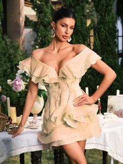 Dresses | Mini Dresses*Mew Mews Fashion Dabney V Neck Ruffle Mini Dress In Champagne
