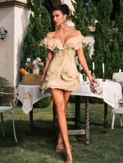 Dresses | Mini Dresses*Mew Mews Fashion Dabney V Neck Ruffle Mini Dress In Champagne