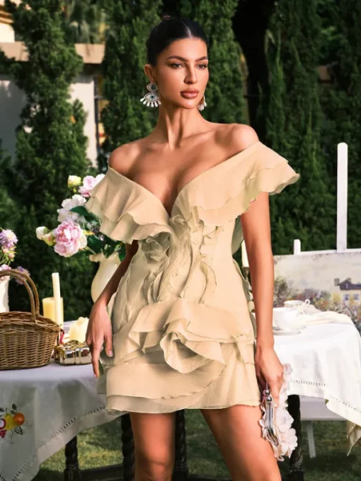 Dresses | Mini Dresses*Mew Mews Fashion Dabney V Neck Ruffle Mini Dress In Champagne