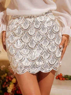 Skirts*Mew Mews Fashion Daelorin Wave Sequin Skirt In Apricot
