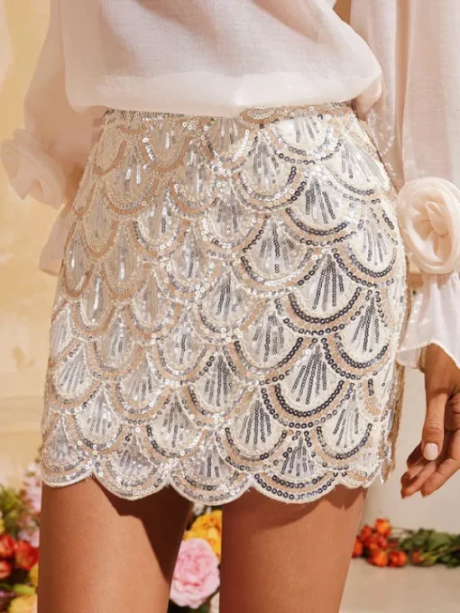 Skirts*Mew Mews Fashion Daelorin Wave Sequin Skirt In Apricot