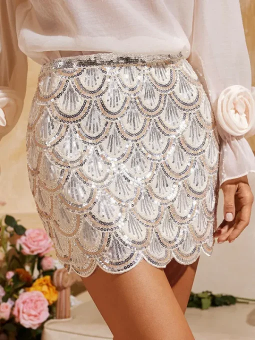Skirts*Mew Mews Fashion Daelorin Wave Sequin Skirt In Apricot