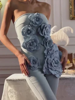 Jumpsuits & Romper*Mew Mews Fashion Dalila Strapless Flower Denim Jumpsuit