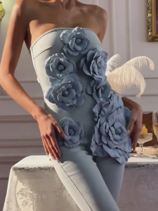 Jumpsuits & Romper*Mew Mews Fashion Dalila Strapless Flower Denim Jumpsuit
