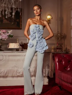 Jumpsuits & Romper*Mew Mews Fashion Dalila Strapless Flower Denim Jumpsuit