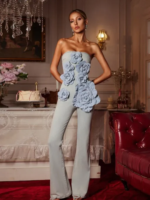 Jumpsuits & Romper*Mew Mews Fashion Dalila Strapless Flower Denim Jumpsuit