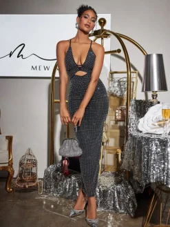 Dresses | Maxi Dresses*Mew Mews Fashion Denali Halterneck Hollow Rhinestone Midi Dress In Black