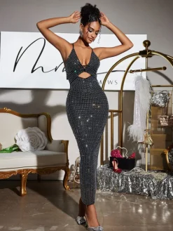 Dresses | Maxi Dresses*Mew Mews Fashion Denali Halterneck Hollow Rhinestone Midi Dress In Black