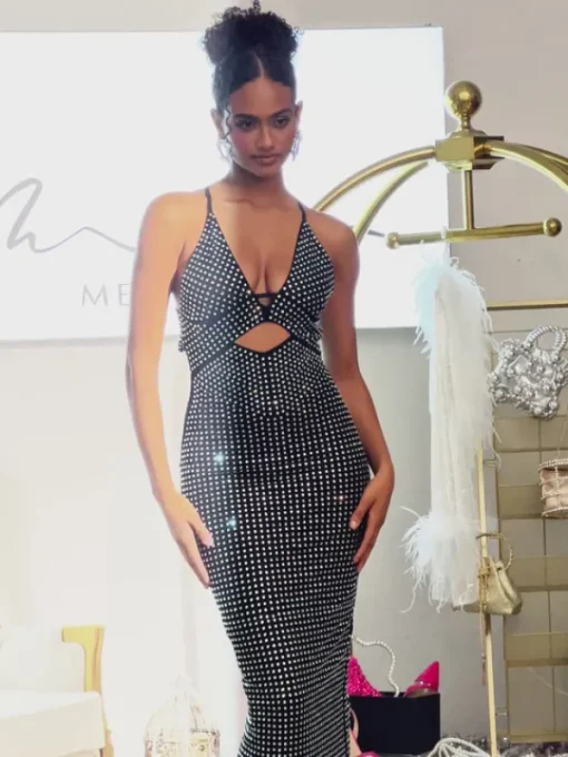 Dresses | Maxi Dresses*Mew Mews Fashion Denali Halterneck Hollow Rhinestone Midi Dress In Black