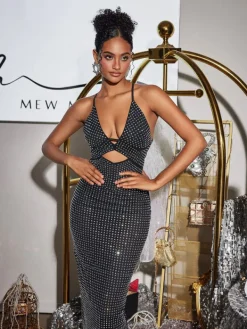 Dresses | Maxi Dresses*Mew Mews Fashion Denali Halterneck Hollow Rhinestone Midi Dress In Black