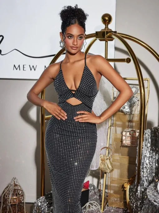 Dresses | Maxi Dresses*Mew Mews Fashion Denali Halterneck Hollow Rhinestone Midi Dress In Black