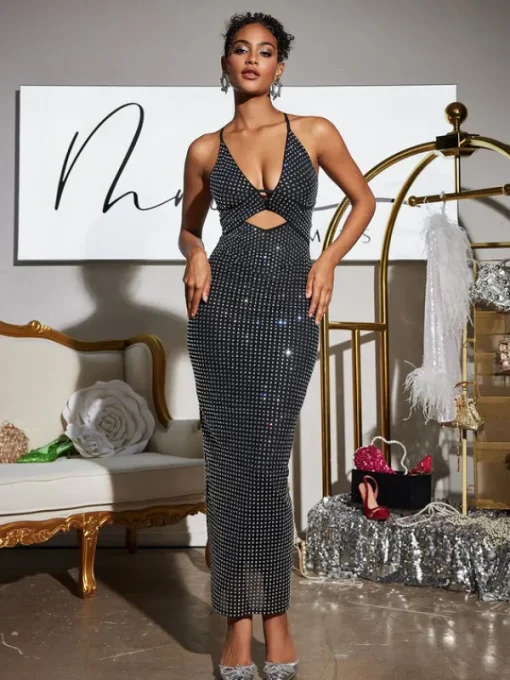Dresses | Maxi Dresses*Mew Mews Fashion Denali Halterneck Hollow Rhinestone Midi Dress In Black