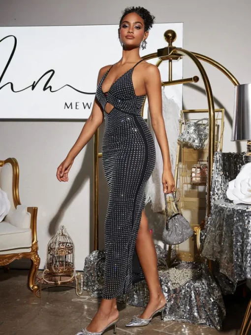Dresses | Maxi Dresses*Mew Mews Fashion Denali Halterneck Hollow Rhinestone Midi Dress In Black