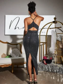 Dresses | Maxi Dresses*Mew Mews Fashion Denali Halterneck Hollow Rhinestone Midi Dress In Black