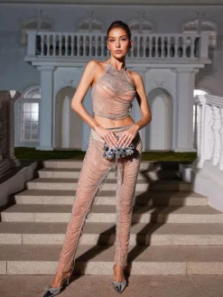 Embellishment*Embellishment Devin Crystal Chain Mesh Pants Set